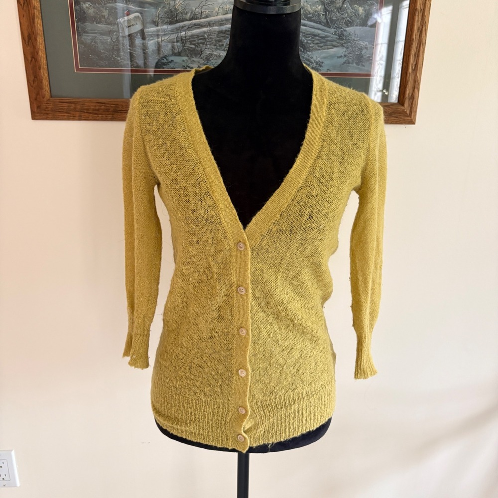 J.Crew Cardigan Sweater Womens Small Yellow Mohair Wool Blend V-Neck Slim Knit